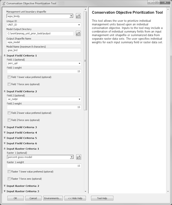 Conservation Objective Prioritization Tool dialog window