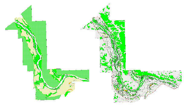 Figure. Presettlement and modern GIS landcover maps of Mississippi River Reaches 25 and 26.