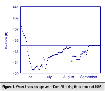 Figure 1. Water levels just upriver of Dam 25 during the summer of 1995.