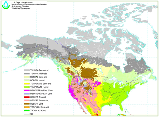 Major biomes of the United States and Canada based upon soil-moisture and soil-temperature regimes