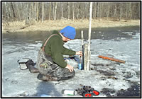 Installing water-level and water-temperature loggers in a Minnesota wetland. Courtesy of the U.S. Fish and Wildlife Service.
